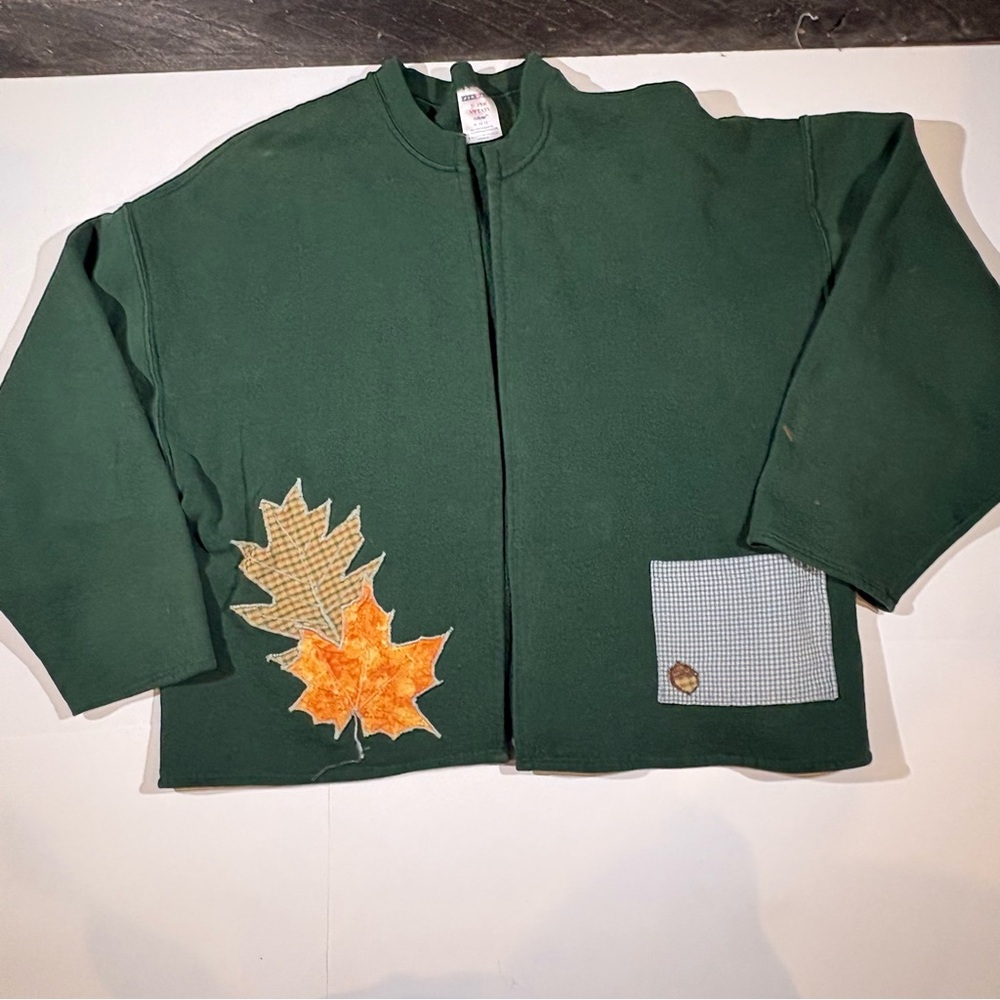 Vtg Jerzees Super Sweats Cardigan Jacket Green Fall Maple Leaf Patchwork 90s XL